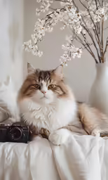 the cat is laying on the bed with a camera next to it