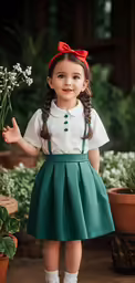 a girl holding a flower next to some pots