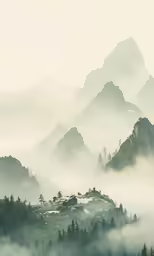 a misty view of a tree covered mountain