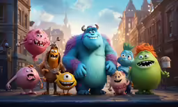 the monster with his family standing in a line