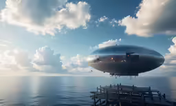 large shiny balloon flying over the ocean with blue skies