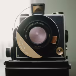 an old camera sits on top of a box