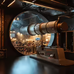 a machine is standing in front of a large mirror