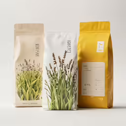 three bags of coffee on white table