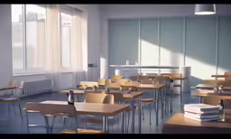 a classroom with tables and wooden chairs with empty books