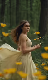 a young woman standing in the woods with yellow flowers