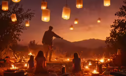 a family sitting around a campfire with lanterns lit on the ceiling