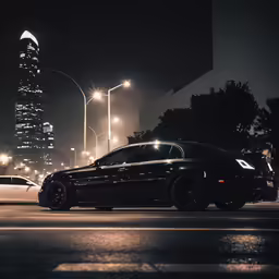 cars are parked at a dark street corner
