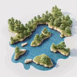 a digitalized picture of small islands and forests