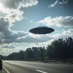 a car driving past a very large object flying overhead