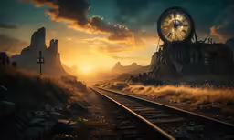 a train tracks next to a railroad at sunset