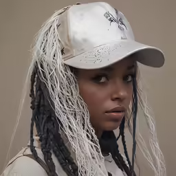 woman with braids wearing baseball cap and wearing a white jacket