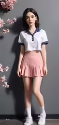 a girl wearing white shoes standing by a flower