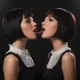 two beautiful women with black hair and bangs