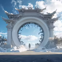 the scene features a circular arch with statues surrounding it
