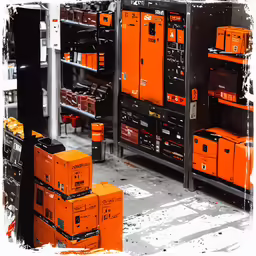 many boxes are stacked on shelves in the room