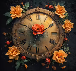 a clock that has some flowers around it