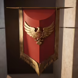 a red and gold shield with a bird on top