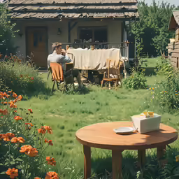 a wooden table with a potted plant sitting on it