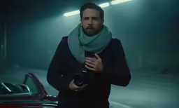 man holding a camera in a parking garage