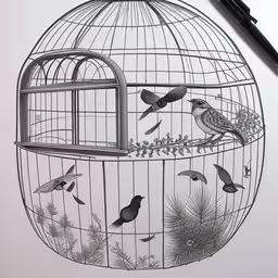 the illustration shows the inside of a bird cage with birds and pine needles in it,bird in a cage filled with plants and trees,a drawing of two birds in a cage,this drawing shows birds in a cage,this drawing features birds and the inside of the birdcage