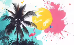 two pink birds and a yellow and blue splotkled balloon