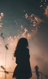 a woman standing outside in front of some fireworks