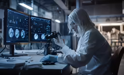 a woman in white lab coat working on computer