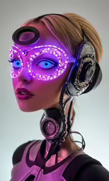 a woman wearing headphones with an led up helmet