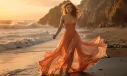 a woman in a flowing pink gown walks along the beach