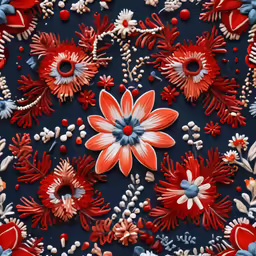 an arrangement of flowers and berries painted on a blue surface