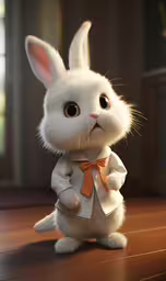 a cute rabbit with an orange bow tie,a white bunny is dressed up and standing