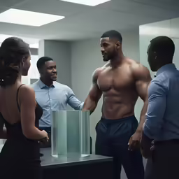 men and a woman standing in a cubicle office