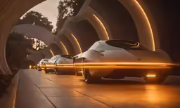 two modern day driving cars in an underground tunnel