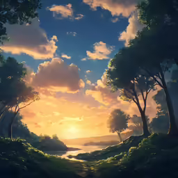 an artistic photo of trees on a hill at sunset