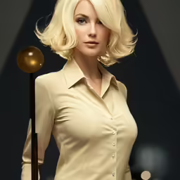 blonde haired woman posing with her billiards mallet