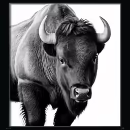 a large buffalo with very long horns stands looking into the camera