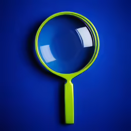 the bright green magnifying glass shows blue sky and sun