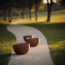 a pair of bowls are sitting on the sidewalk