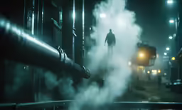 a man walks between fog and lamps down a street