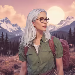 a female in glasses stands near mountains with her backpack