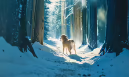the large dog is walking along the snowy path