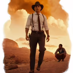 man in dress suit and tie walking with man crouching beside him