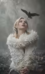 a woman in white with black bird on her head