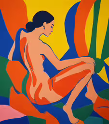 a woman is sitting on a colorful background,a painting of a woman in orange and blue