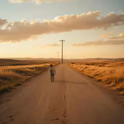 a man walking down a dirt road towards the sky