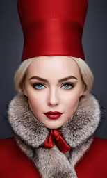 woman with red lipstick and large hair wearing an unusual fur collar
