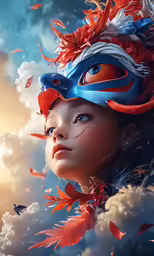 a woman wearing a mask is standing under a cloudy sky