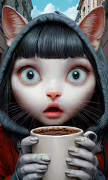 a woman wearing cats ears and holding a cup