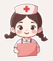an illustration of a woman nurse holding a red square